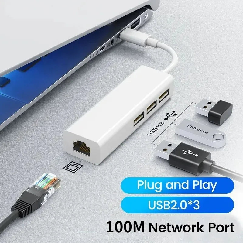 USB-C Hub 3-Port USB 2.0 + RJ45 Ethernet Adapter 100Mbps