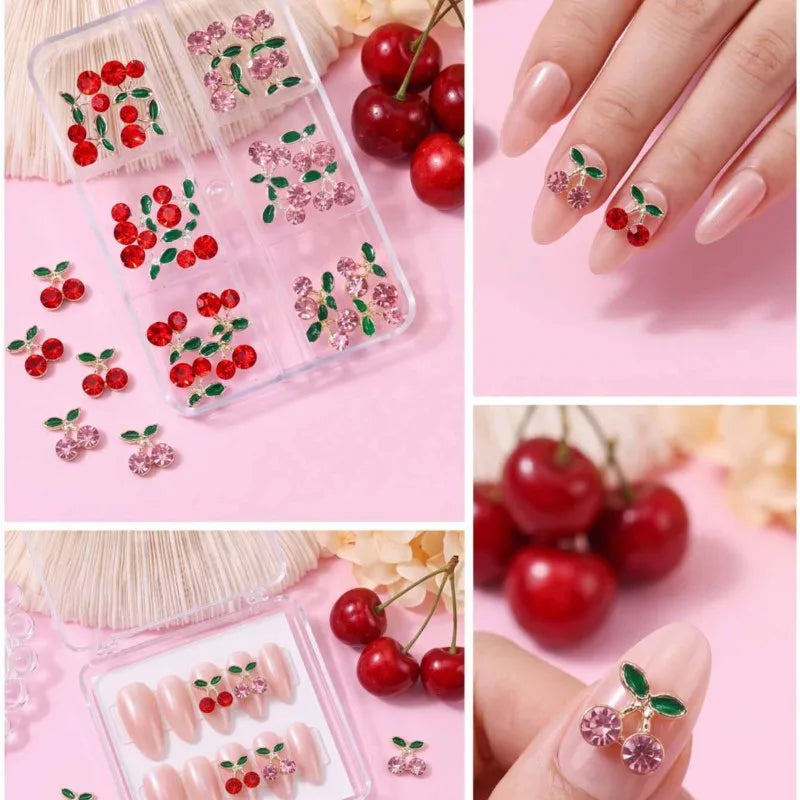 24Pcs Cherry Nail Rhinestones Red Pink Crystal Zircon Art Gems Nail Art Rhinestones PRIMED