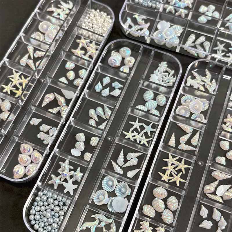 12-Grid Ocean Nail Charms Set – Starfish, Shell & Pearl Art Nail Art Charms PRIMED