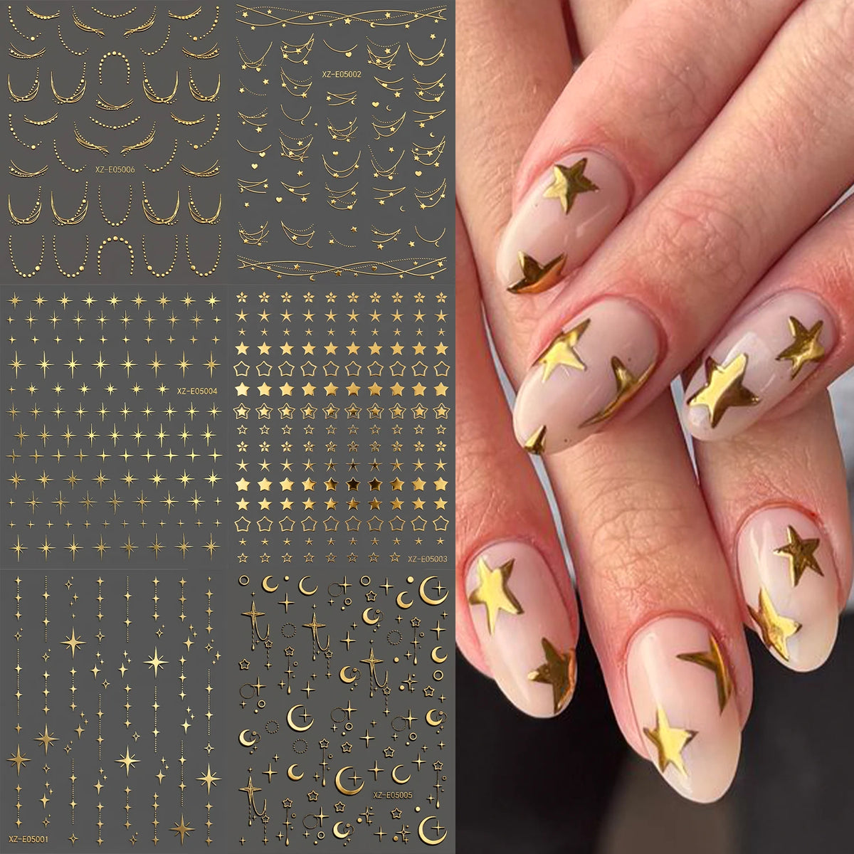 6-Pack Gold Foil Moon Nail Art Stickers – 3D Decals | MAFANAILS