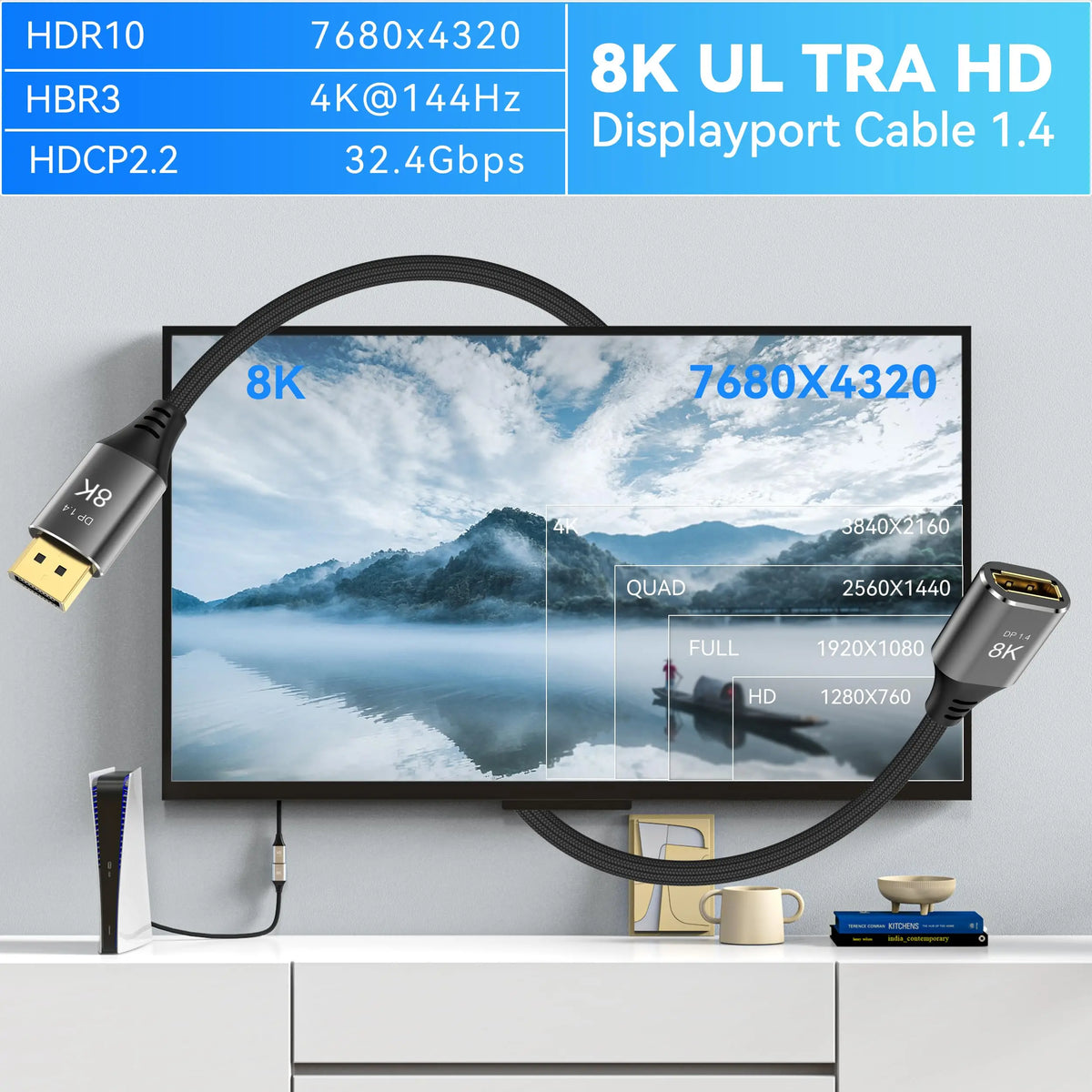 Hannord 8K DisplayPort 1.4 Extension Cable – 4K@144Hz DisplayPort Extension Cable PRIMED