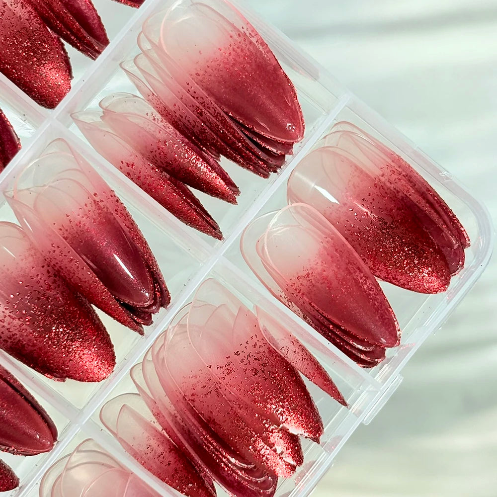 144Pcs Red Glitter Gradient Press On Nails – Wine Red French Tips