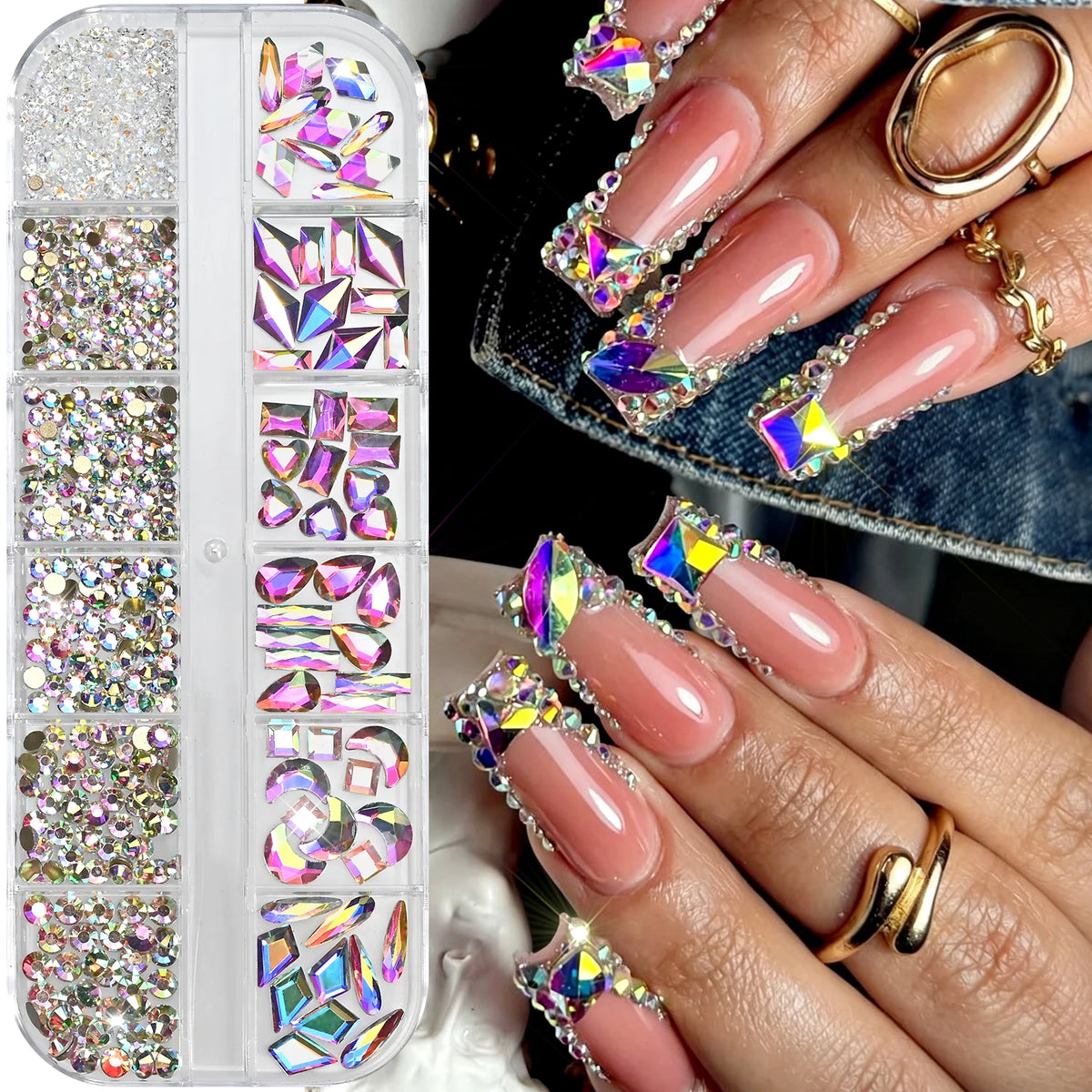 12-Grid Iridescent AB Nail Rhinestones – Mixed Glass Gems Box Nail Art Rhinestones PRIMED A4