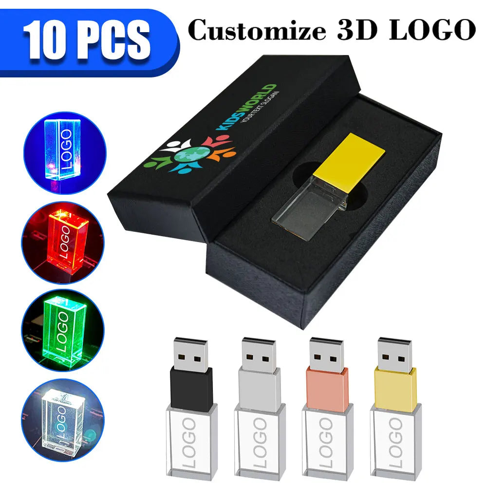 10-Pack Crystal USB 2.0 Flash Drive LED Light 4GB–128GB Logo USB Flash Drive PRIMED