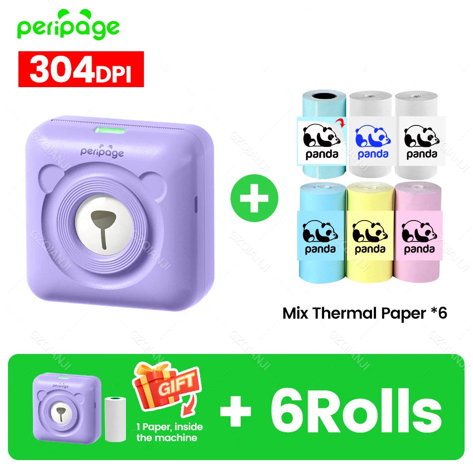 PeriPage A6 304DPI Bluetooth Mini Thermal Photo & Label Printer Mini Thermal Printer PRIMED 304PE add 6Rolls