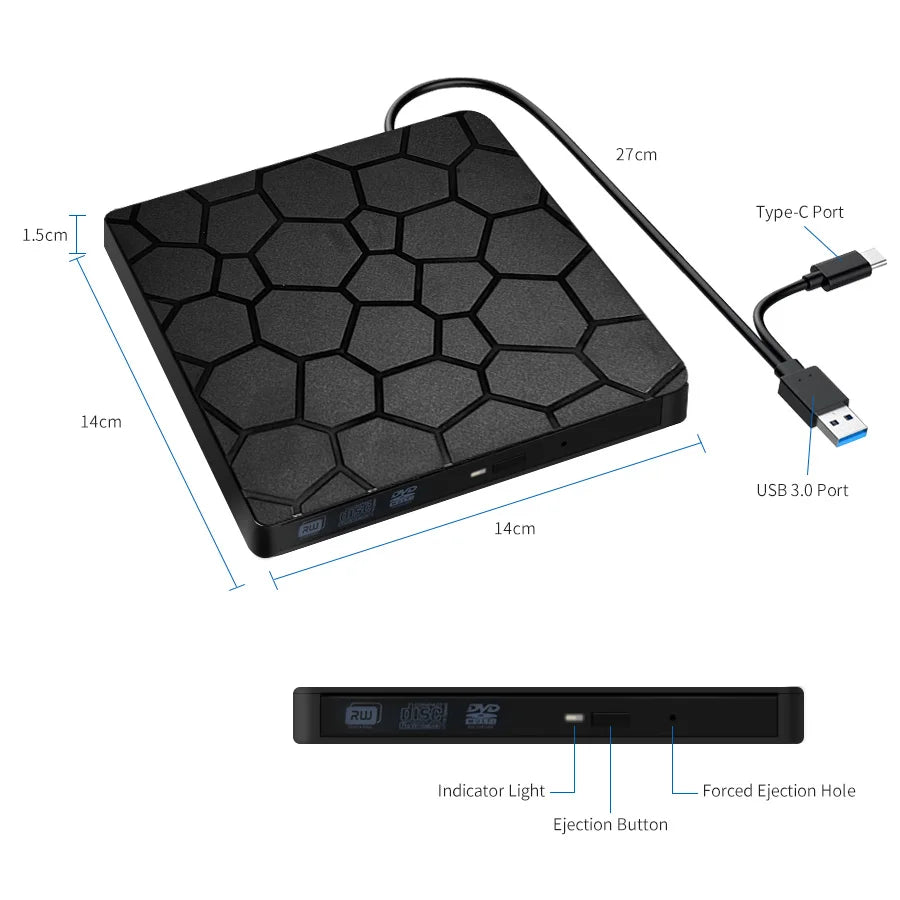 GGBEE External DVD RW Drive USB 3.0 & Type-C Slim CD Burner External Optical Drive PRIMED Black