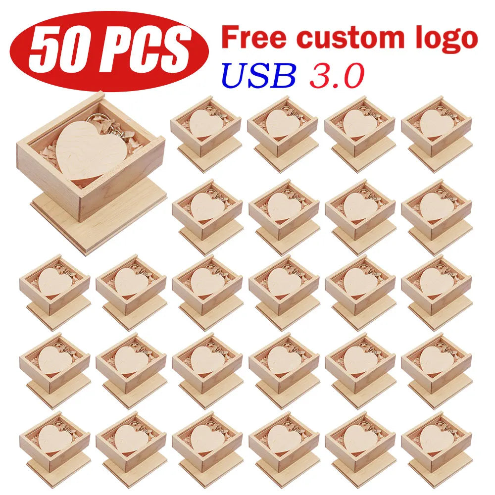 Wooden Heart USB 3.0 Flash Drive | Custom Logo Wedding Gift Custom USB Flash Drive PRIMED 128 GB 50maple-box