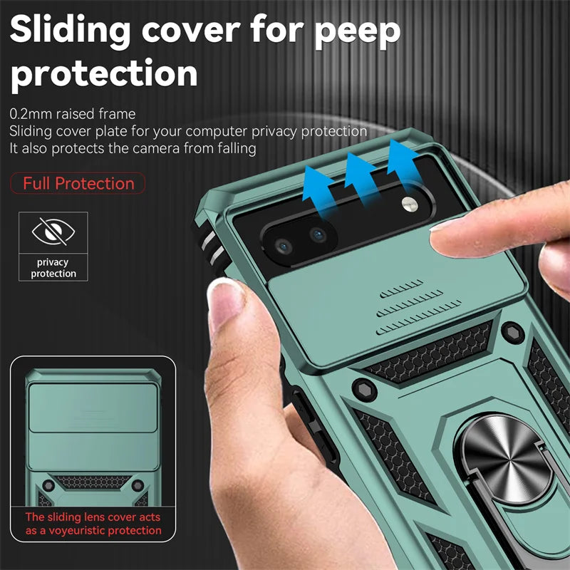 Military Armor Pixel Case – Slide Lens Cover & Ring Stand Armor Phone Case PRIMED
