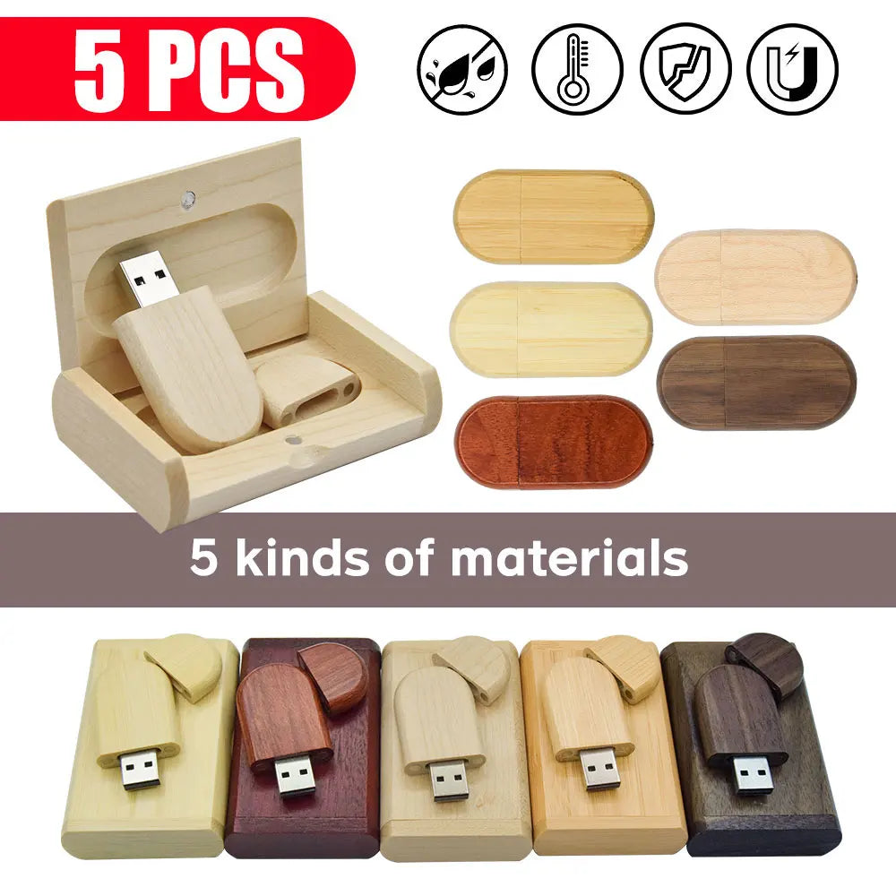 5-Pack Wooden USB Flash Drive Custom Logo | 4GB–64GB Gift USB Flash Drive PRIMED
