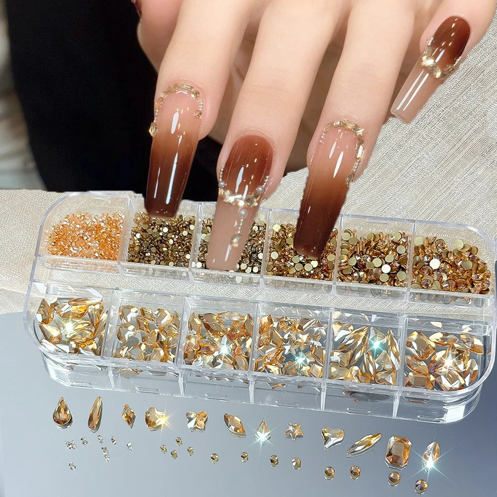 12-Grid Nail Rhinestones Set – Champagne Gold 3D Nail Gems Nail Art Rhinestones PRIMED