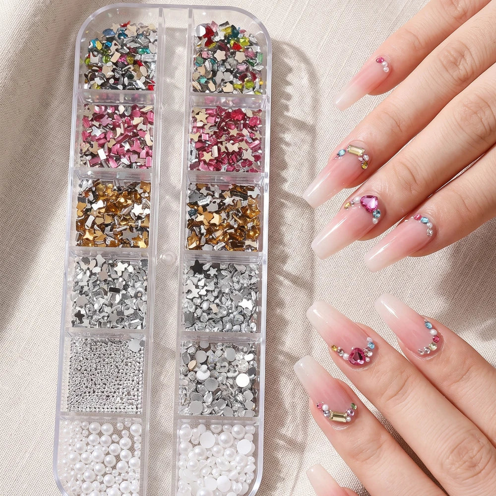 12-Grid 3D Nail Rhinestones – Iridescent Flower & Heart Gems Nail Art Rhinestones PRIMED
