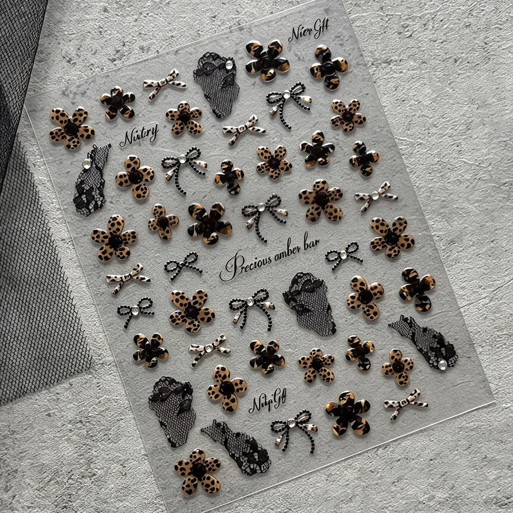 Retro Lace Nail Art Stickers – Leopard Floral Bow Decals