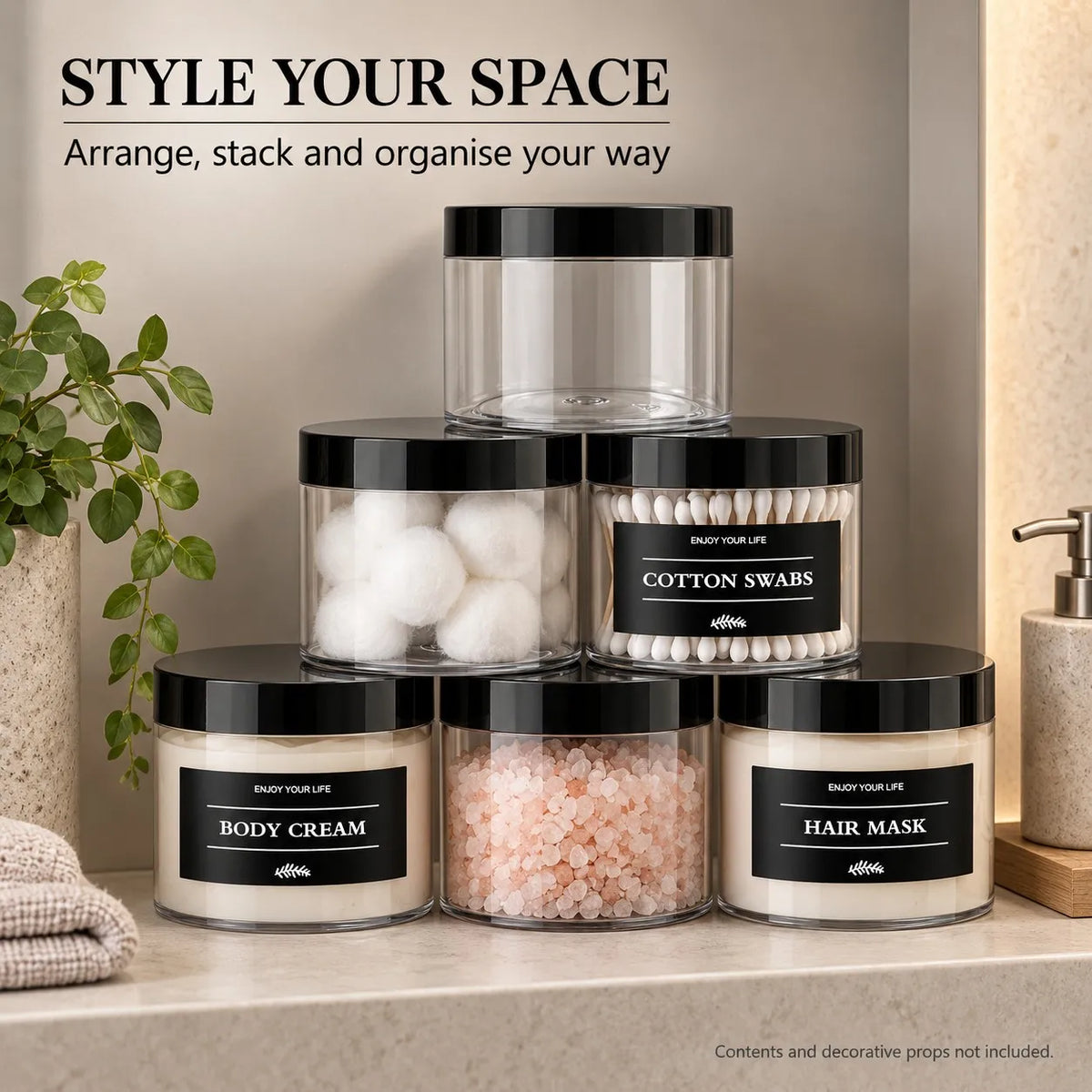 6-Pack Bathroom Vanity Storage Jars with Labels | Plastic Organizer Bathroom Storage Jars PRIMED