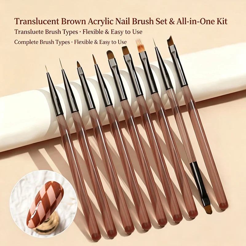 9-Piece UV Gel Nail Brush Set – Builder, Liner & Scatter Nail Art Brush Set PRIMED Transparent Coffee
