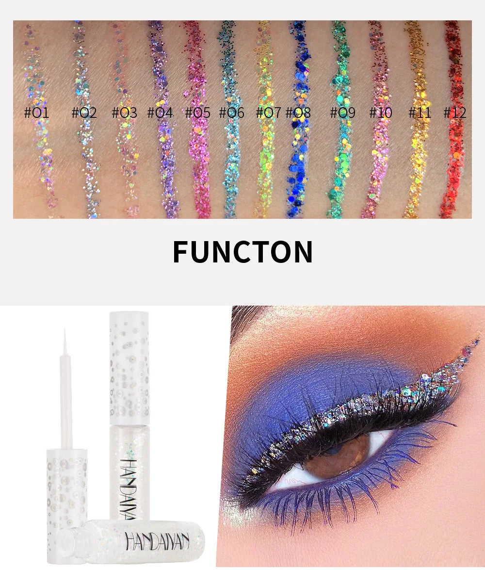 HANDAIYAN 12-Color Glitter Liquid Eyeliner – Metallic Shades Glitter Liquid Eyeliner PRIMED