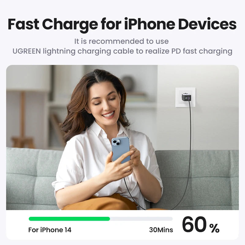 UGREEN 65W GaN 3-Port USB-C PD Fast Charger for Laptop & Phone USB-C Wall Charger PRIMED