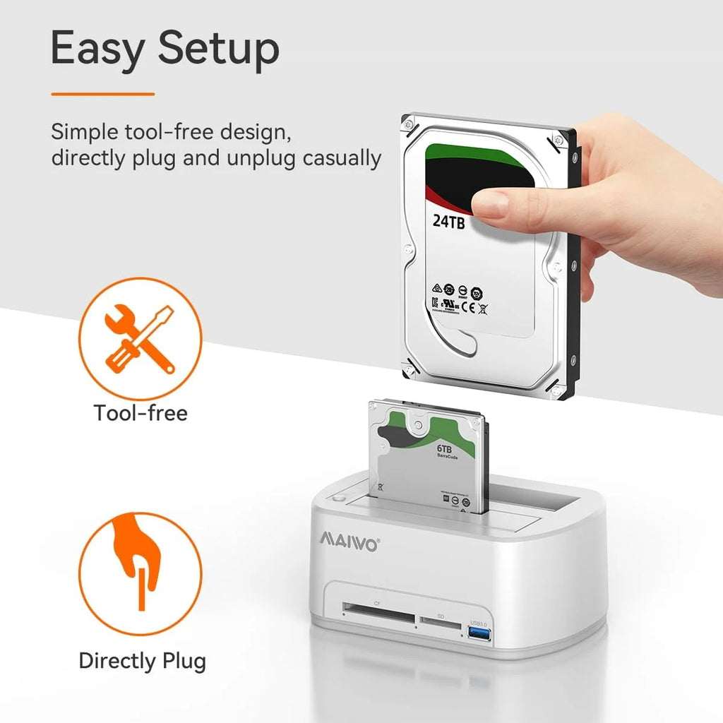MAIWO Dual Bay HDD Dock USB 3.0, Offline Clone & Card Reader HDD Docking Station PRIMED