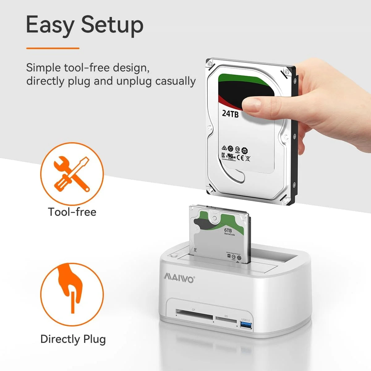 MAIWO Dual Bay HDD Dock USB 3.0, Offline Clone & Card Reader HDD Docking Station PRIMED
