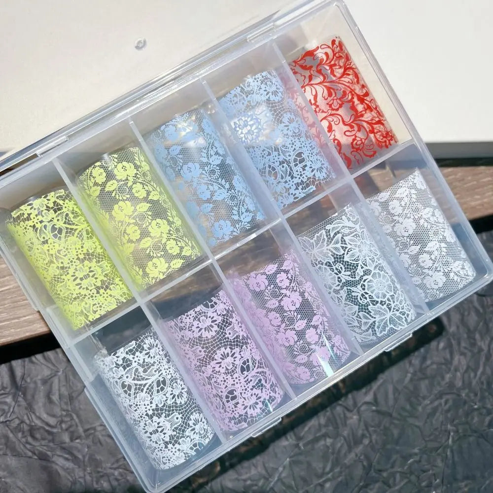 Lace Flower Nail Transfer Decals – Pink Blue White Foils