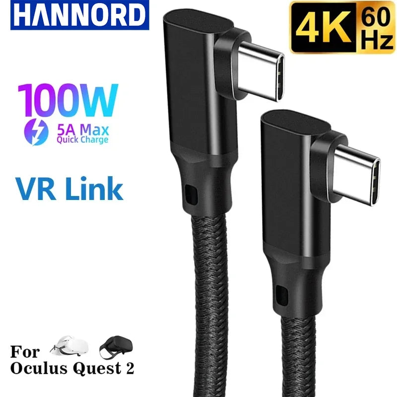 Hannord 90° USB-C Cable USB3.2 Gen2 20Gbps 100W PD 4K VR Link USB-C Data Cable PRIMED