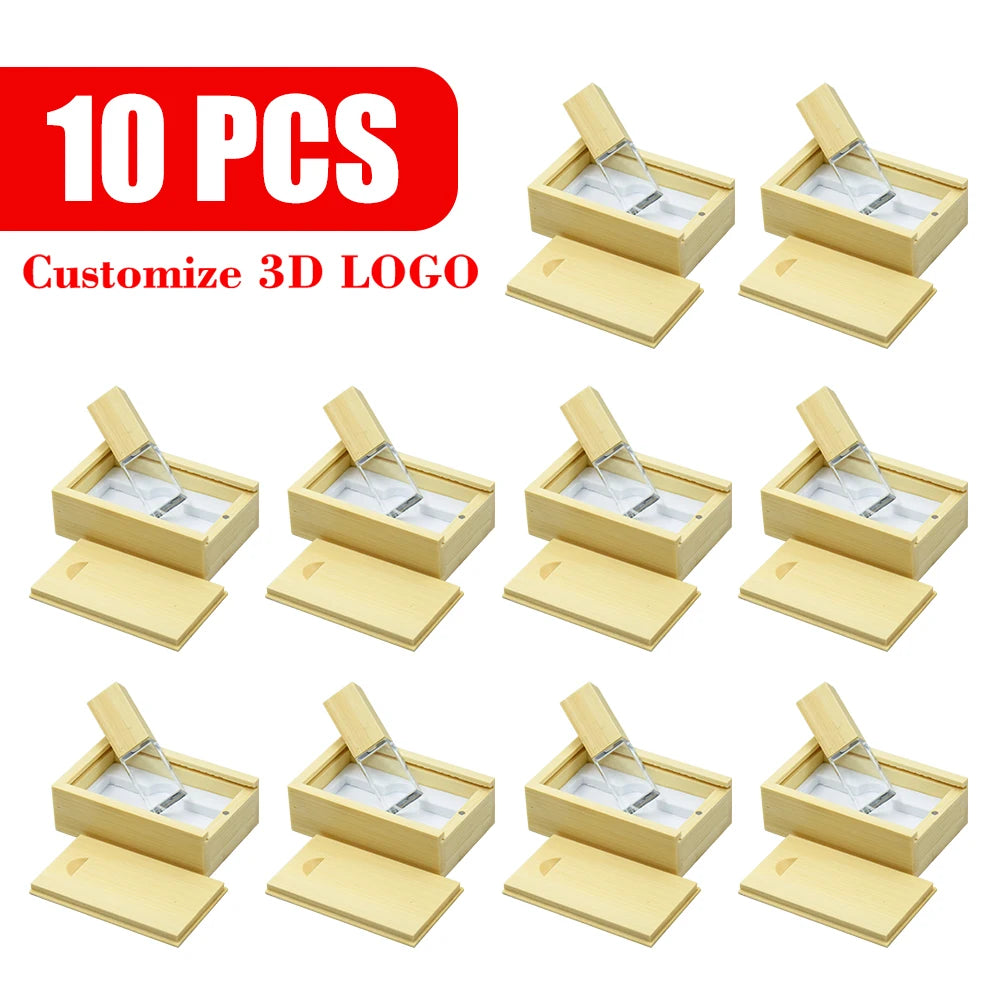 10-Pack Crystal USB Flash Drives | Custom Logo Wedding Gift Crystal USB Flash Drive PRIMED 4GBx10pcs Bamboo and box