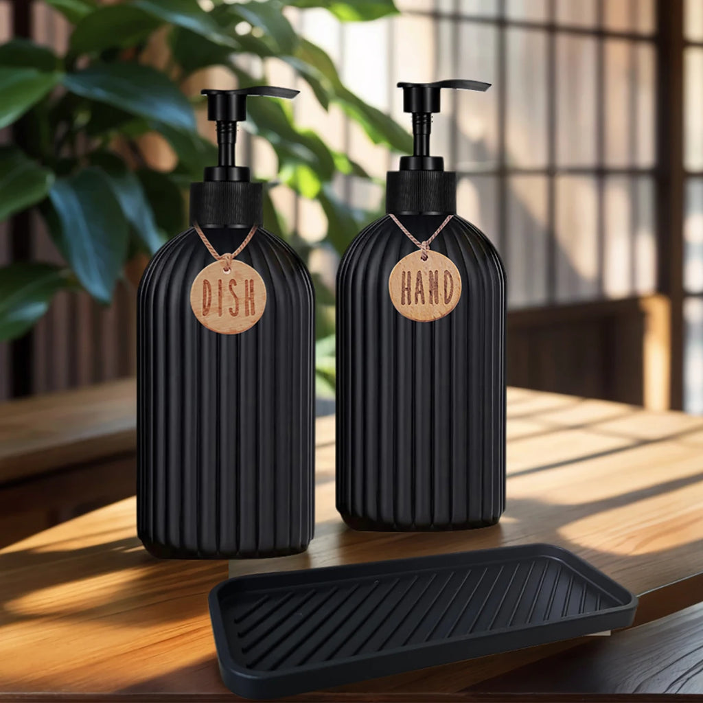 2-Pack Black Soap Dispensers & Silicone Tray – 500ml Refillable Soap Dispenser Set PRIMED