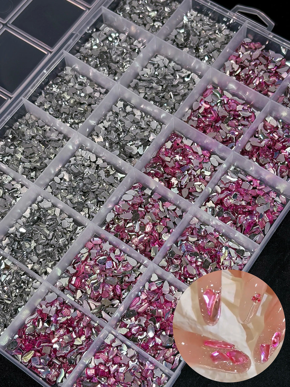 24-Grid Iridescent Nail Rhinestones Mixed Shapes & Colors Nail Art Rhinestones PRIMED