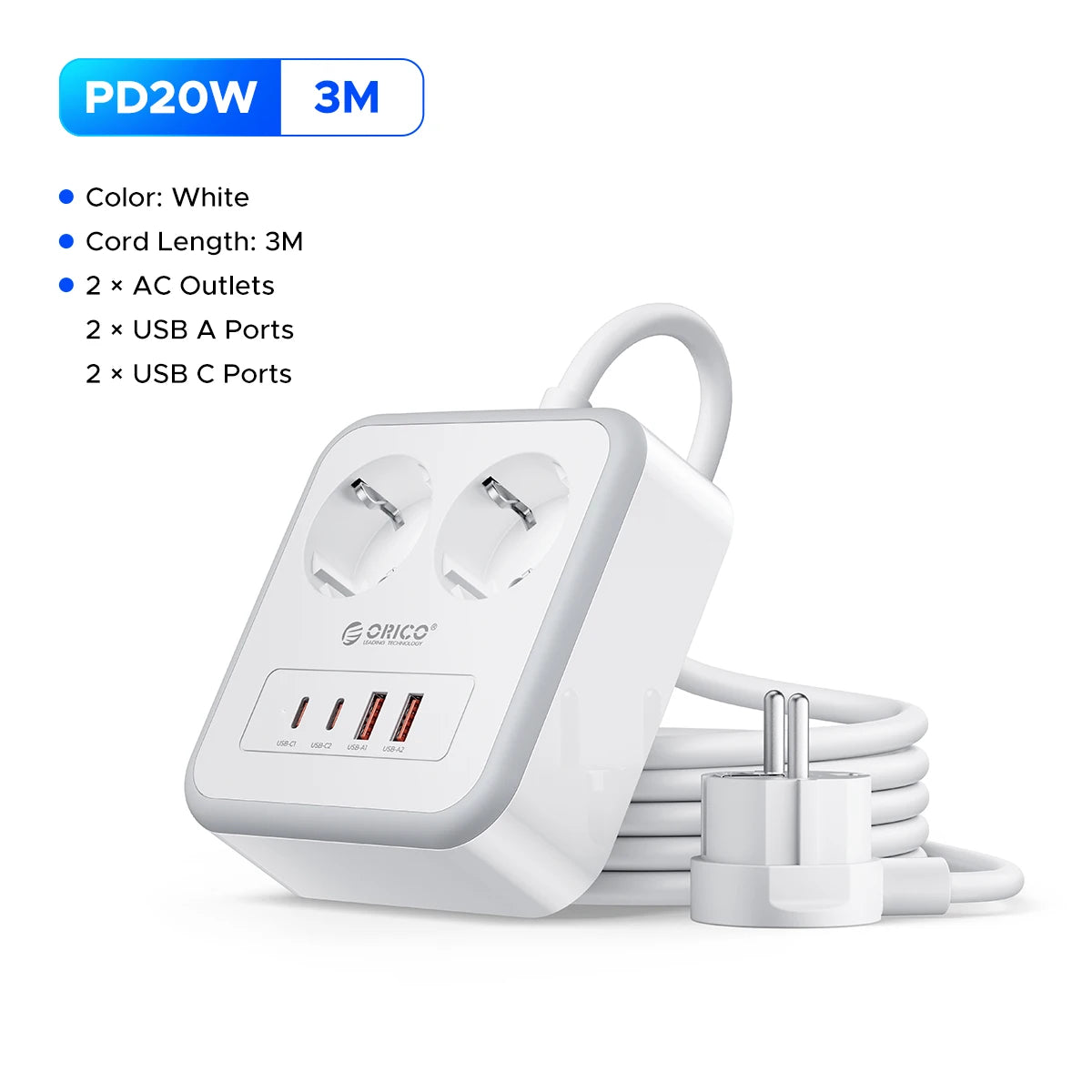 ORICO Desktop Power Strip PD20W USB-C USB-A EU Plug Charging Station Desktop Power Strip PRIMED 3M 2A2U2C White China Mainland EU Plug