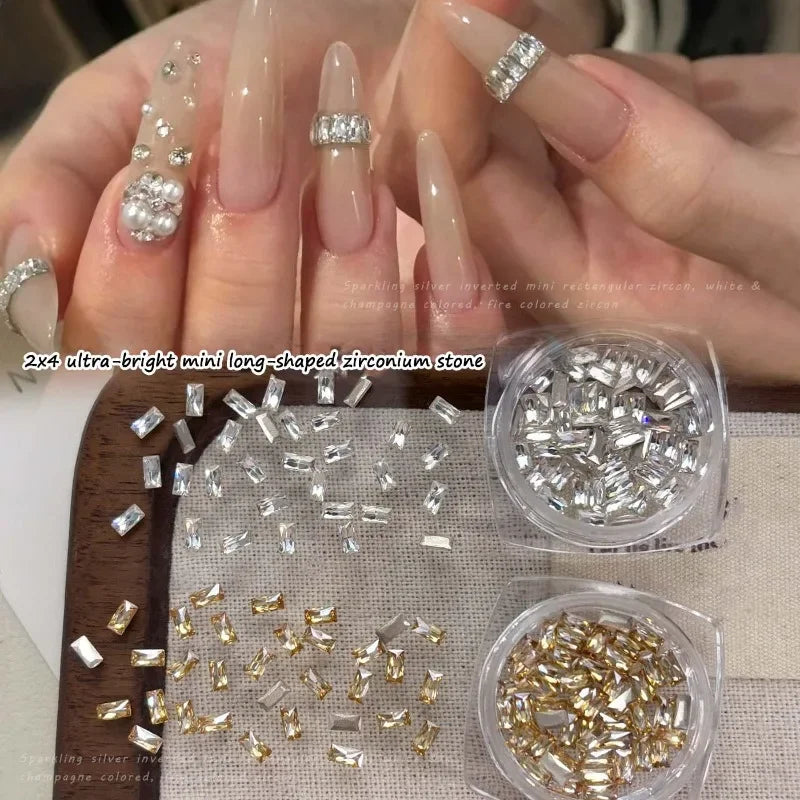 50Pcs Rectangular Zirconia Nail Rhinestones 2×4mm Clear & Champagne Nail Art Rhinestones PRIMED