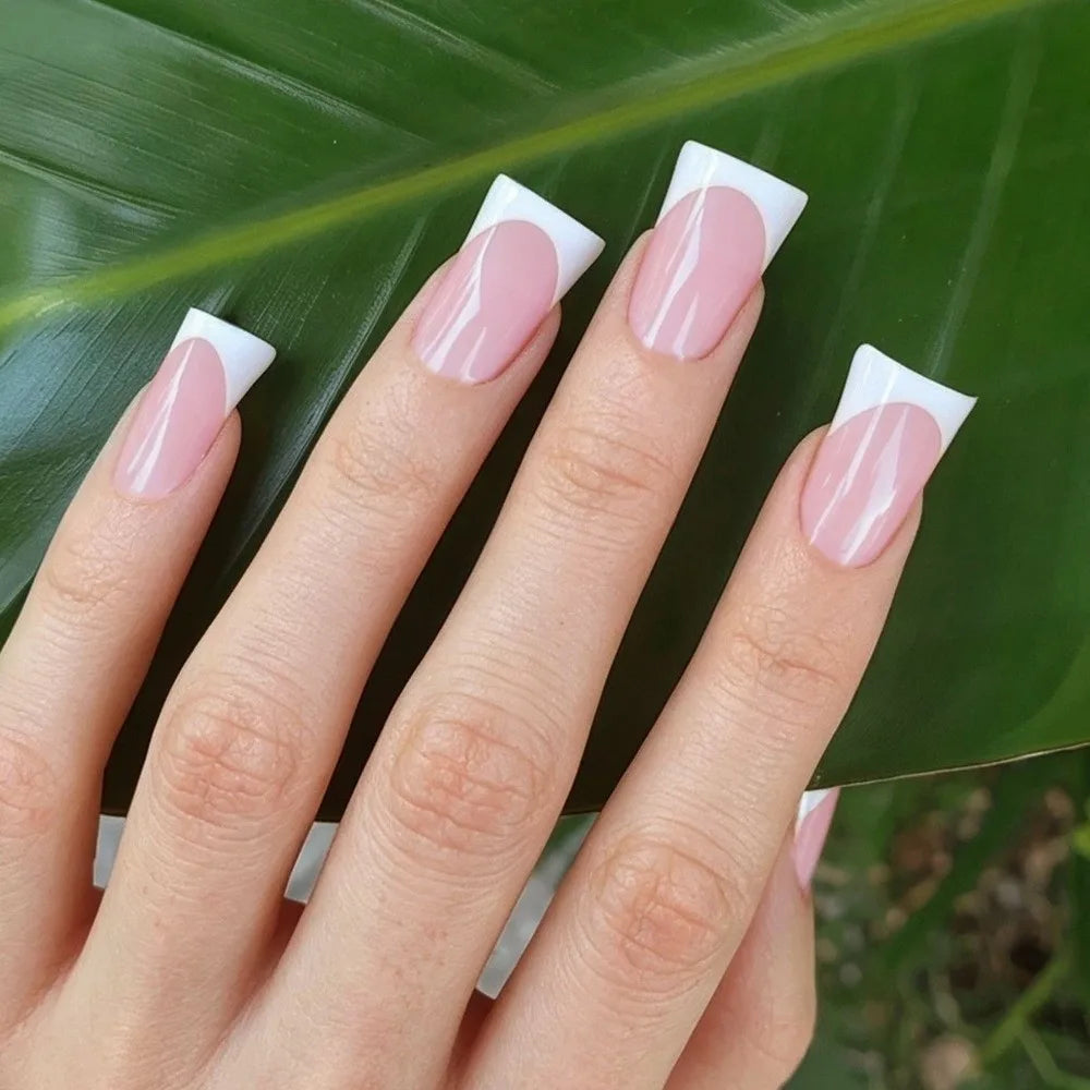 French Duckbill Press-On Nails White Pink Y2K Style 30 Pcs