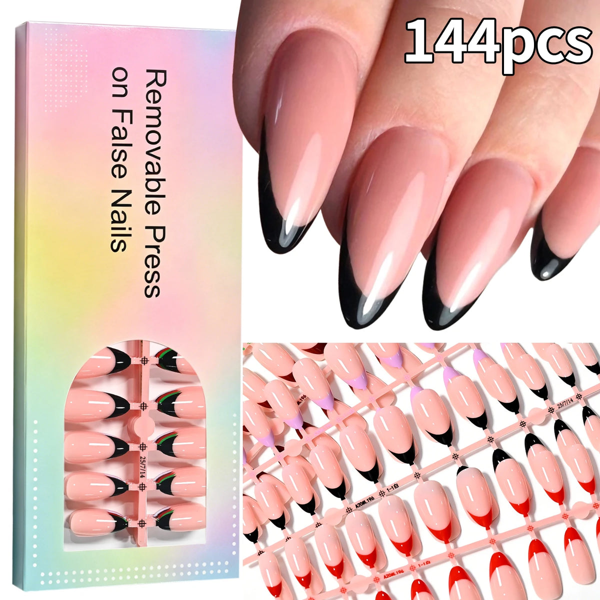 144Pcs French Press On Nails Almond Gradient Nude Pink Tips