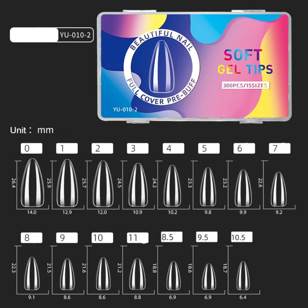 300pcs Short Almond Soft Gel Nail Tips | 15 Sizes Full Cover