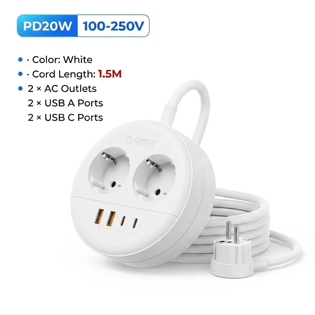 ORICO Desktop Round Power Strip PD20W USB-C USB-A EU Plug Desktop Power Strip PRIMED 1.5M 2A2U2C White China Mainland EU Plug