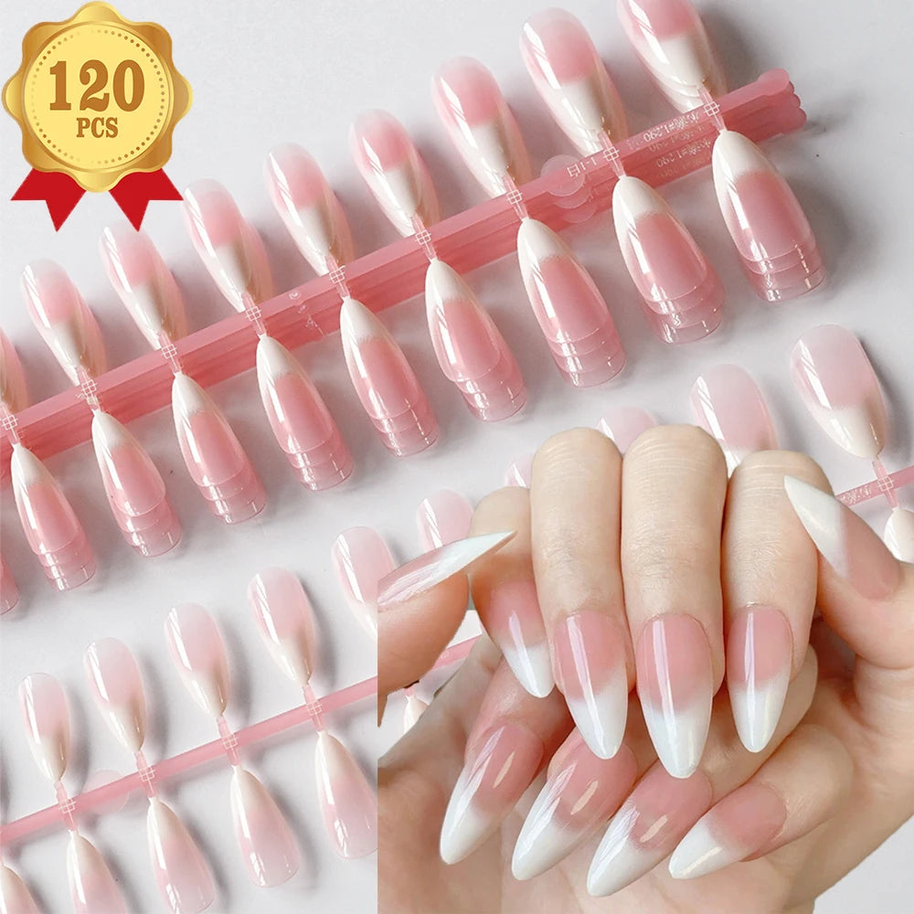 120pcs French Almond Press-On Nails – Nude Pink & White Gradient