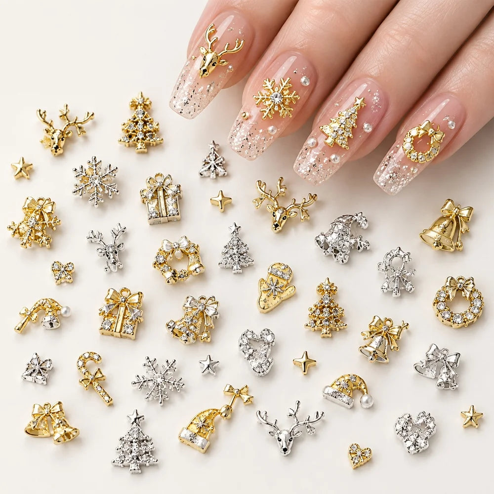 50Pcs Christmas Nail Art Charms – Snowflake Reindeer Bow Glove Nail Art Charms PRIMED