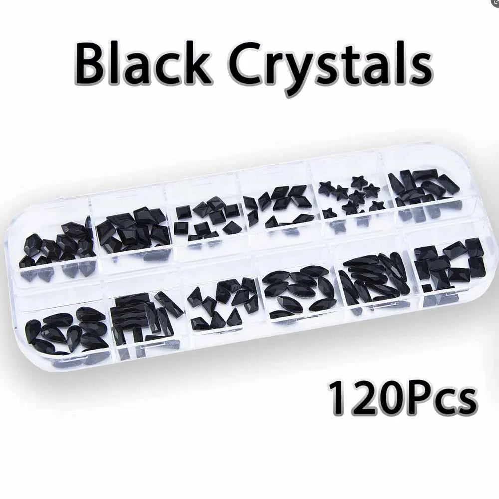 12-Grid 3D Black Nail Rhinestones – Mixed Crystal Shapes Set Nail Art Rhinestones PRIMED