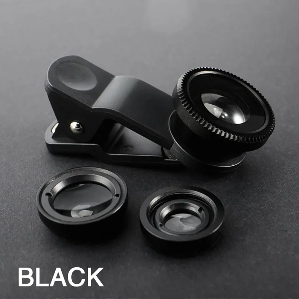 3-in-1 Fisheye Wide Angle & Macro Clip Lens for Smartphones Clip-On Phone Lens PRIMED Black