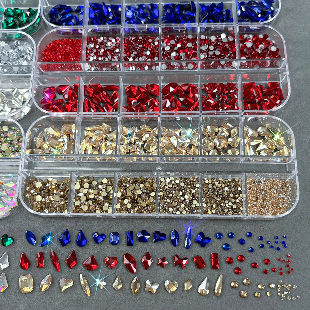12-Grid Mixed Nail Rhinestones – Hearts, Gems & Sparkle Nail Rhinestone Set PRIMED