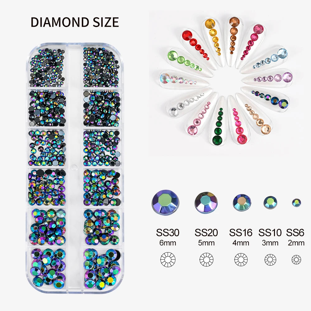 2000Pcs Flat Back Crystal Rhinestones Mix SS6–SS30 Nail Art Nail Art Rhinestones PRIMED