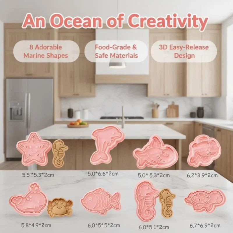 8-Piece 3D Cookie Stamp Molds – Ocean & Christmas Designs Cookie Stamp Molds PRIMED