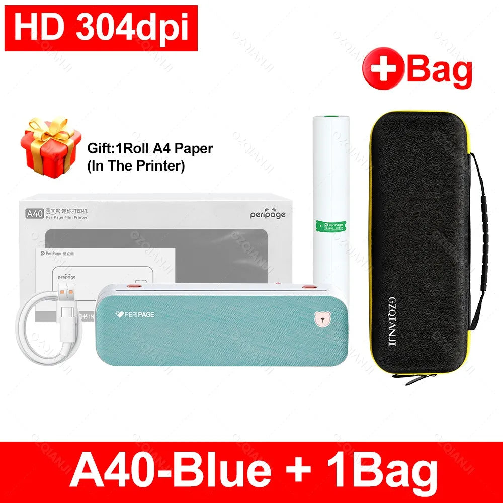 PeriPage A40 Portable A4 Bluetooth Thermal Printer + Case Portable Thermal Printer PRIMED 304Blue Add 1Bag