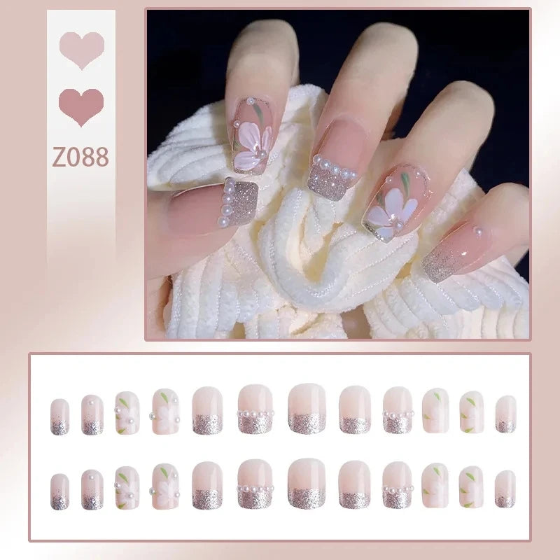 French Press On Nails Set – 24 Short Acrylic Tips with Glue
