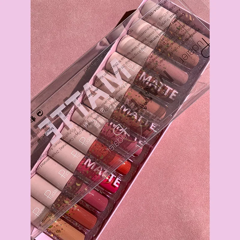 Pudaier 12-Color Matte Liquid Lipstick Set – Nude & Red
