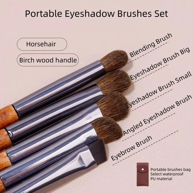 5-Pc Horse Hair Eyeshadow & Eyebrow Makeup Brush Set + Bag