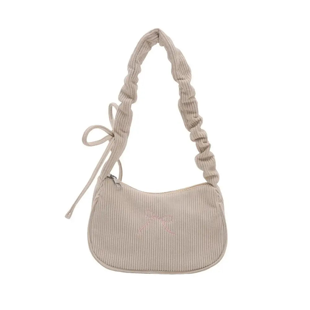 Women's Corduroy Ruched Shoulder Bag | Bow Accent Hobo Purse Shoulder Bag PRIMED White