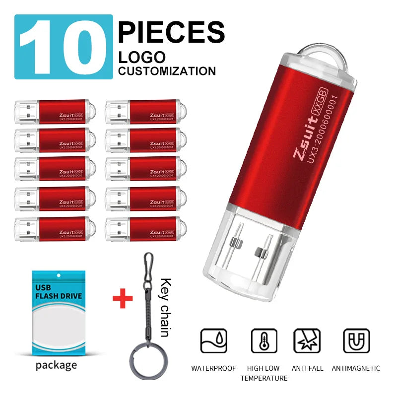 10-Pack Custom Logo Metal USB Flash Drives 2.0/3.0 | 32G 64G Custom USB Flash Drive PRIMED Red 2.0-1GB
