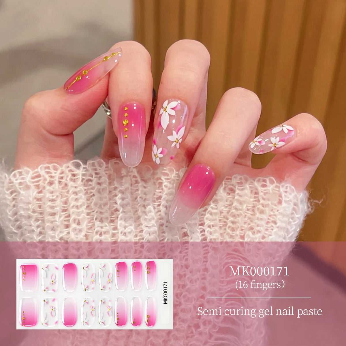 Pink Lotus Semi Cured Gel Nail Strips – Gold Foil 16 Tips