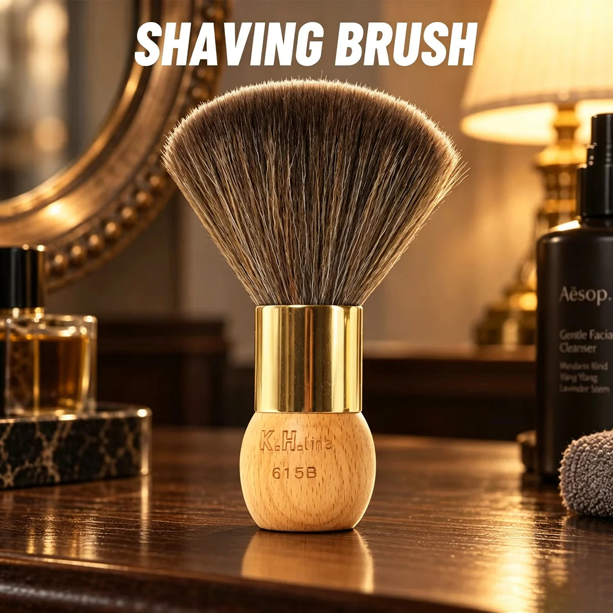 Men's Shaving Brush – Solid Wood Handle & Gold Plated Ring