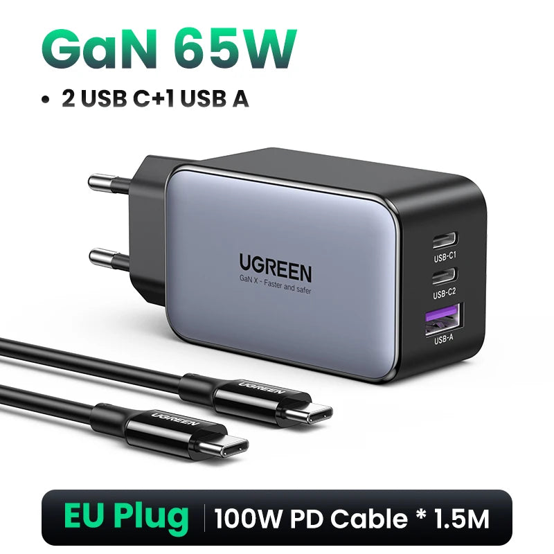 UGREEN 65W GaN 3-Port USB-C PD Fast Charger for Laptop & Phone USB-C Wall Charger PRIMED EU Plug Add Cable China