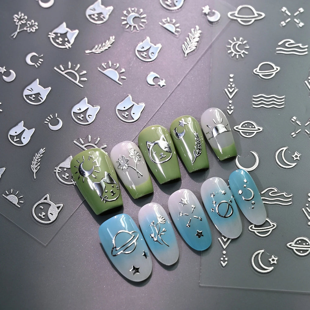6-Piece Silvery Foil Nail Art Stickers – Cats Bears Hearts Nail Art Stickers PRIMED